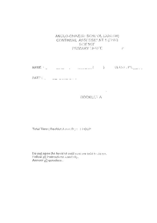 Anglo Chinese P3 Sci WA1 2004 exam paper PDF first page preview