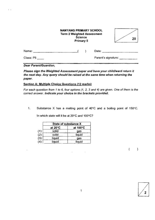 Nanyang P5 Sci WA2 2021 exam paper PDF first page preview