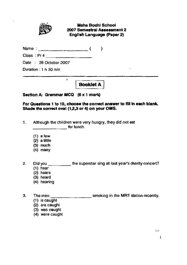 Maha Bodhi P4 Eng SA2 2007 exam paper PDF preview