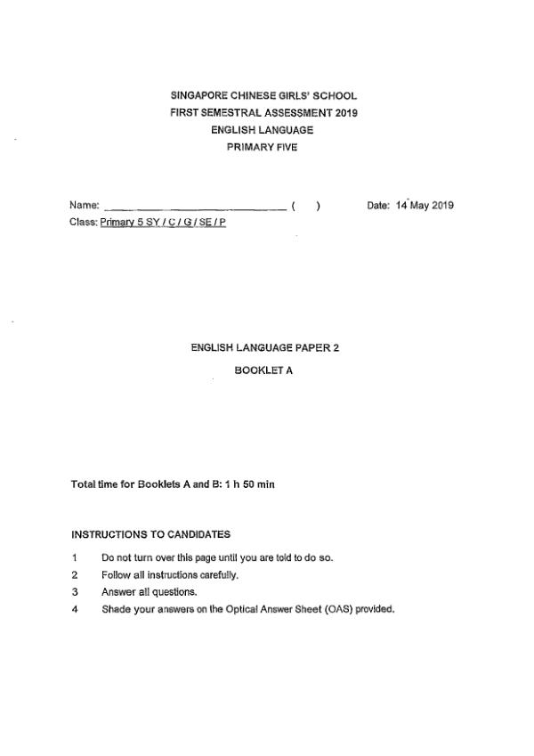 Singapore Chinese Girls P5 Eng WA2 2019 exam paper PDF first page preview