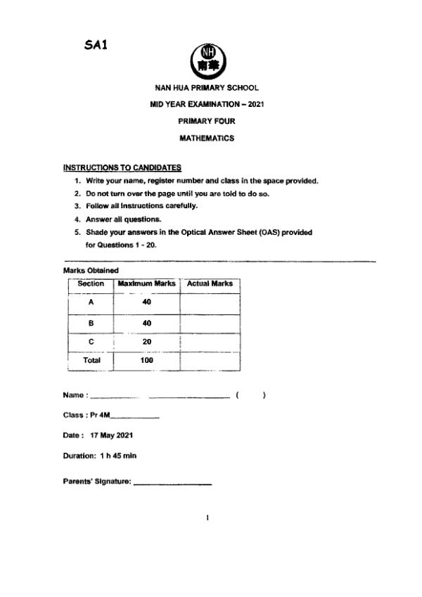 First page preview of P4 Math 2021 WA2 — Nan Hua