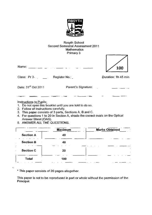Rosyth P3 Math SA2 2011 exam paper PDF preview