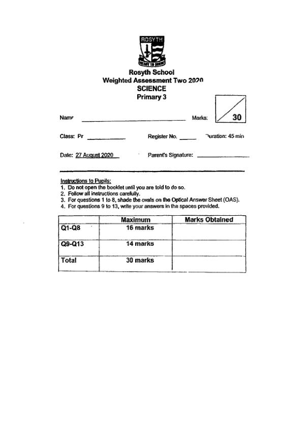 Rosyth P3 Sci WA3 2020 exam paper PDF first page preview
