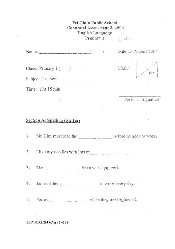 Pei Chun P1 Eng WA3 2004 exam paper PDF preview