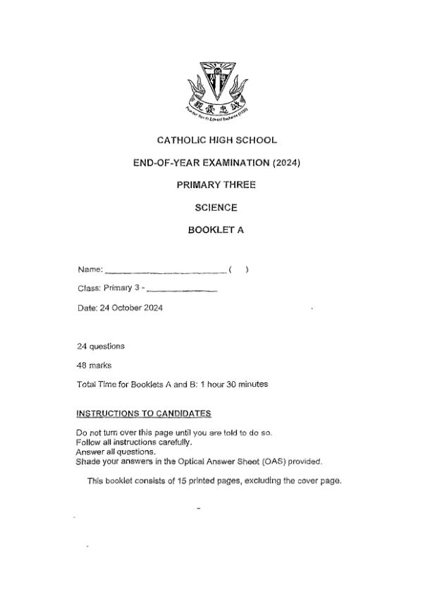 First page preview of P3 Sci 2024 SA2 — Catholic High
