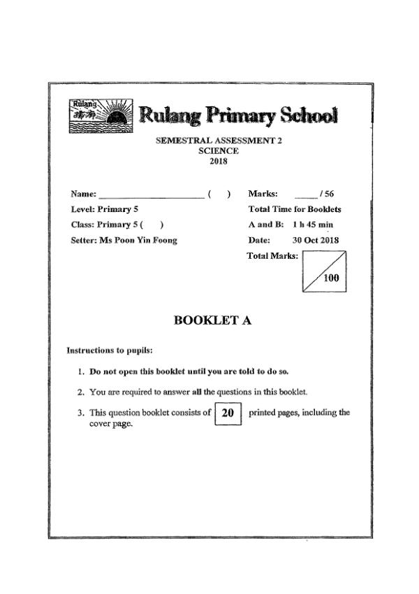 Rulang P5 Sci SA2 2018 exam paper PDF first page preview