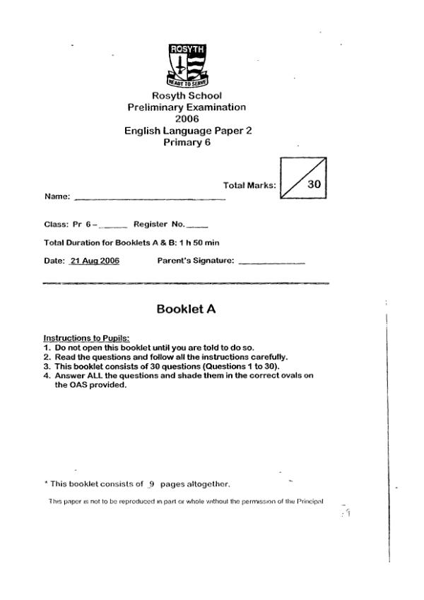 Rosyth P6 Eng SA2 2006 exam paper PDF preview