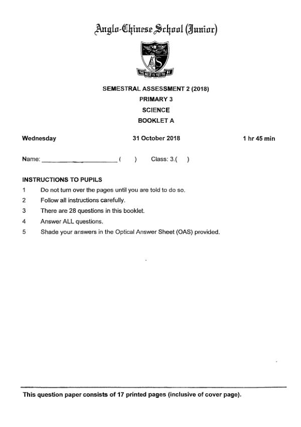 Anglo Chinese P3 Sci SA2 2018 exam paper PDF first page preview