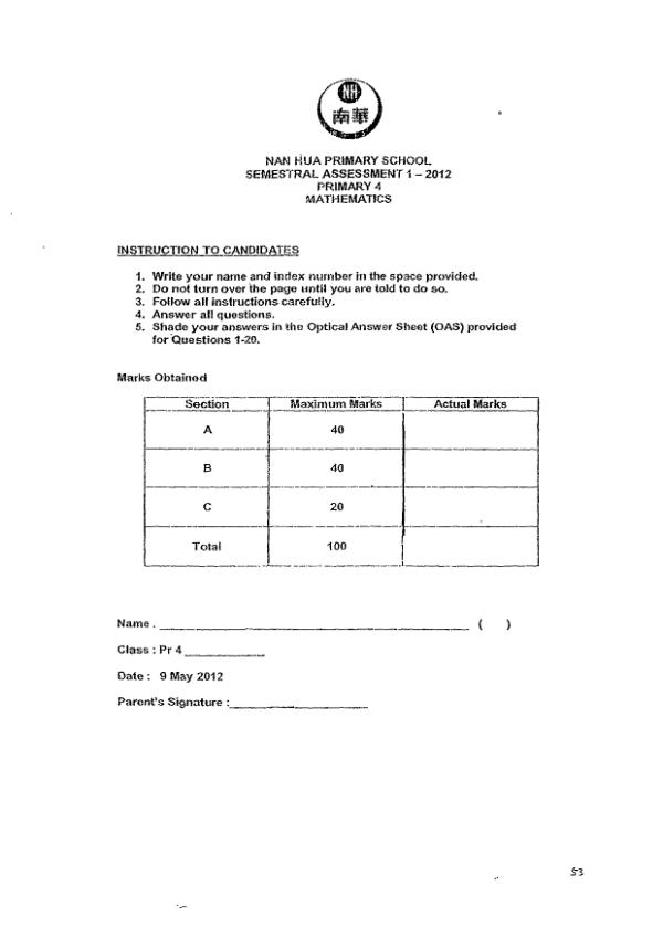 Nan Hua P4 Math WA2 2012 exam paper PDF preview