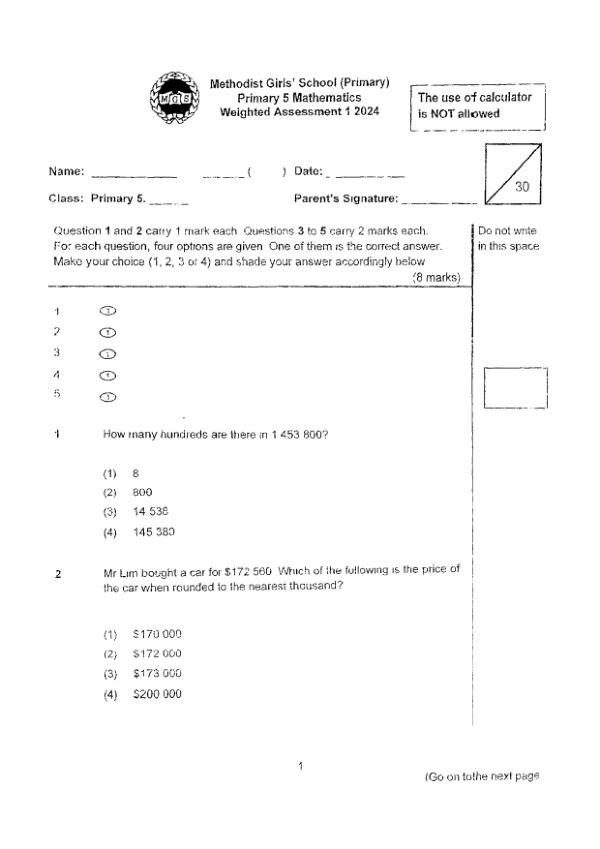 First page preview of P5 Math 2024 WA1 — Methodist Girls