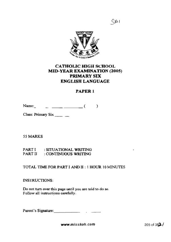 Catholic High P6 Eng WA2 2005 exam paper PDF preview