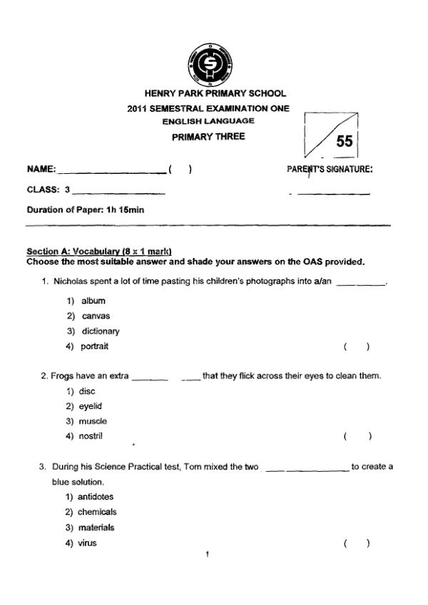 Henry Park P3 Eng WA2 2011 exam paper PDF preview