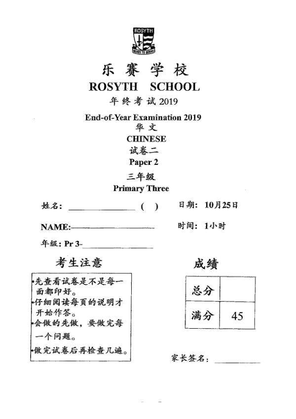Rosyth P3 Chi SA2 2019 exam paper PDF preview