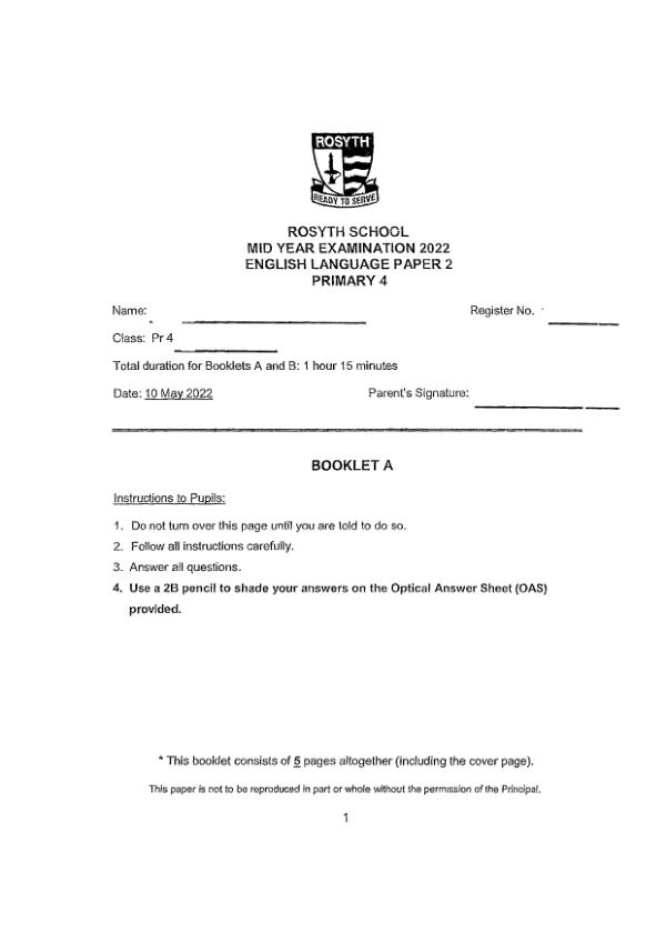 Rosyth P4 Eng WA2 2022 exam paper PDF first page preview
