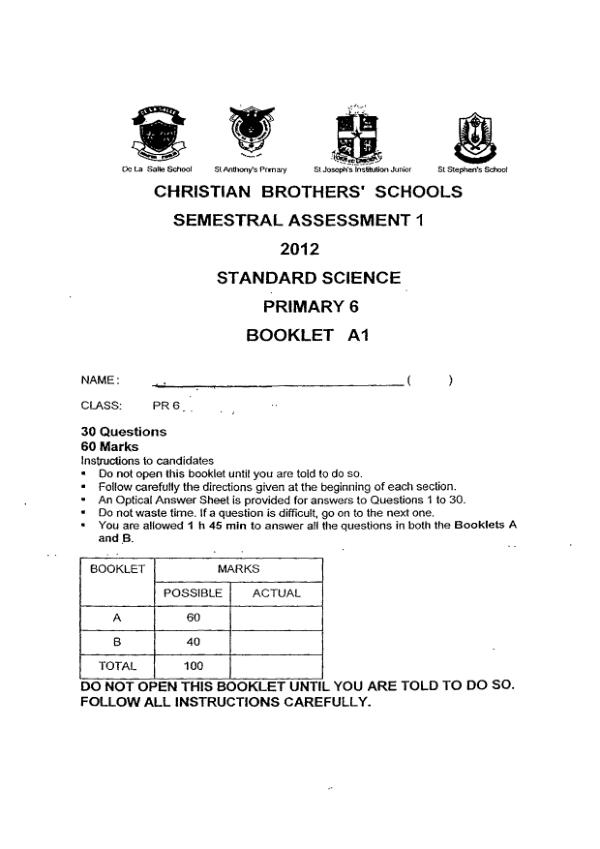 Christian Brothers P6 Sci WA2 2012 exam paper PDF preview