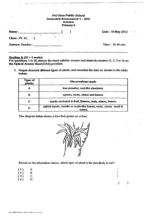 Pei Chun P6 Sci WA2 2012 exam paper PDF preview