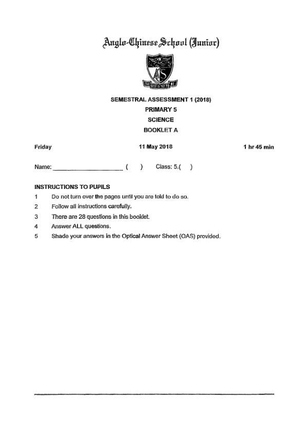 Anglo Chinese P5 Sci WA2 2018 exam paper PDF first page preview