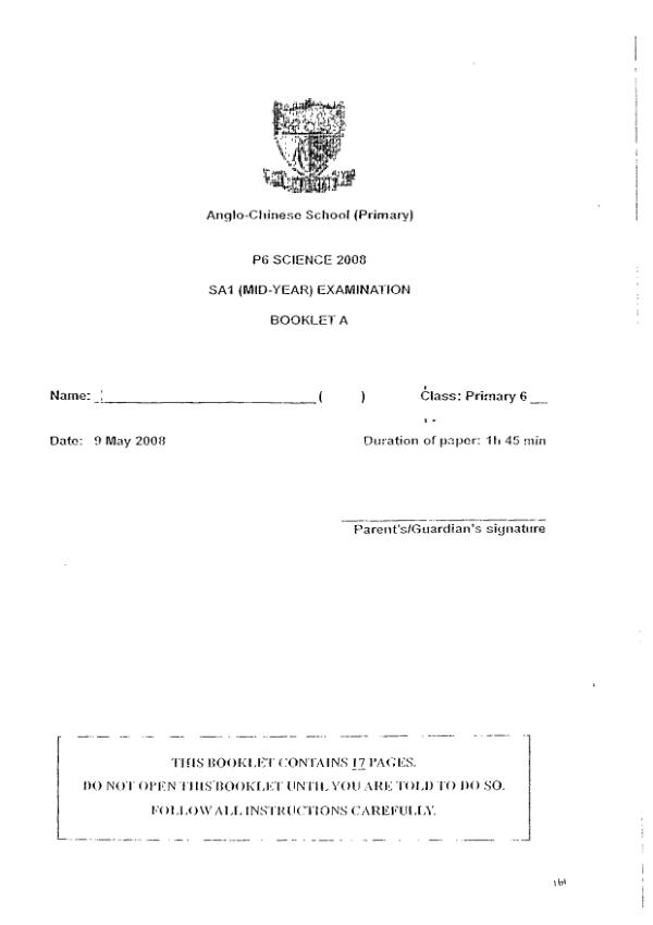 Anglo Chinese P6 Sci WA2 2008 exam paper PDF first page preview