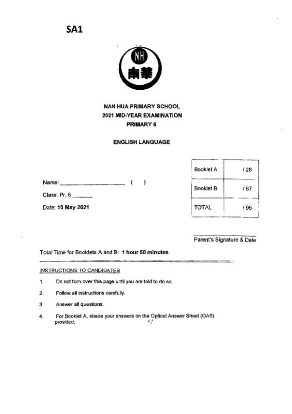 Nan Hua P6 Eng WA2 2021 exam paper PDF preview