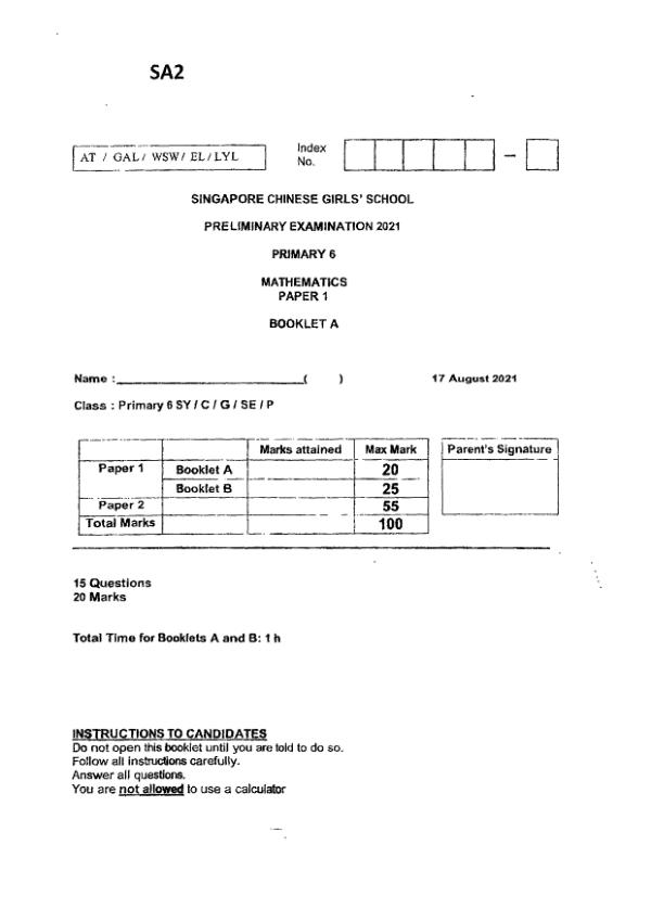 First page preview of P6 Math 2021 SA2 — Singapore Chinese Girls