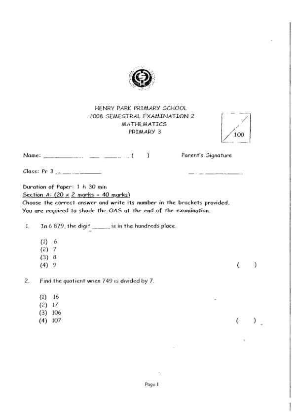 Henry Park P3 Math SA2 2008 exam paper PDF preview