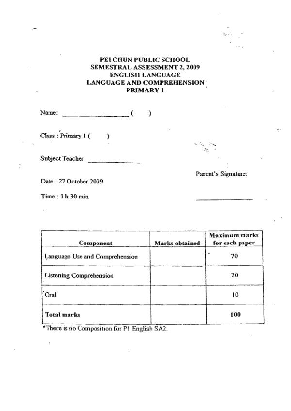 Pei Chun P1 Eng SA2 2009 exam paper PDF first page preview