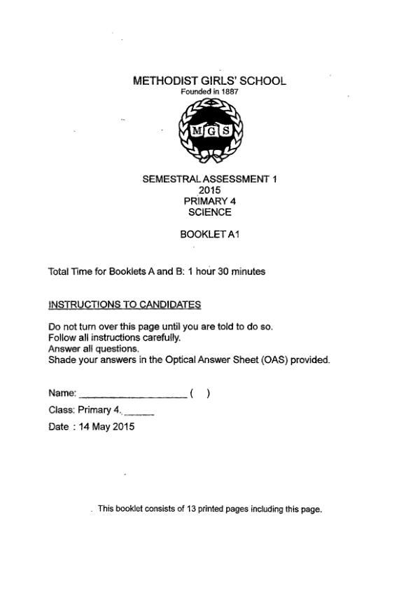 Methodist Girls P4 Sci WA2 2015 exam paper PDF first page preview