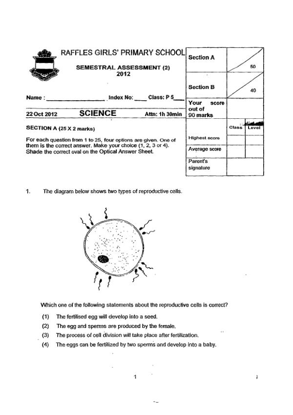 Raffles Girls P5 Sci SA2 2012 exam paper PDF preview