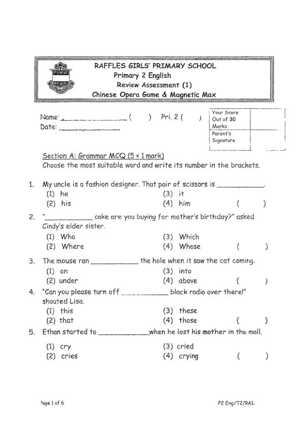 Raffles Girls P2 Eng WA2 2019 exam paper PDF first page preview
