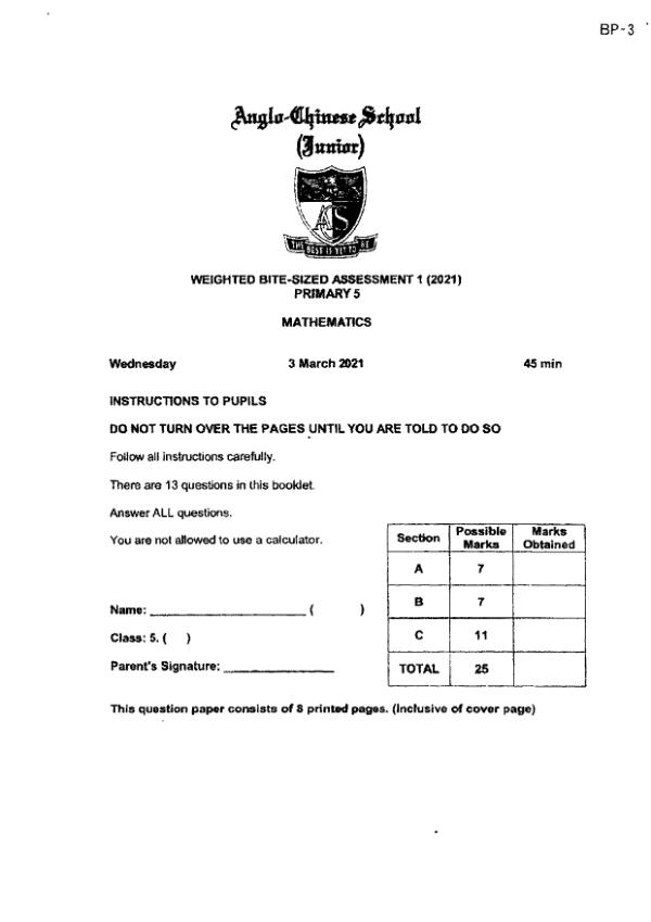 First page preview of P5 Math 2021 WA1 — Anglo Chinese