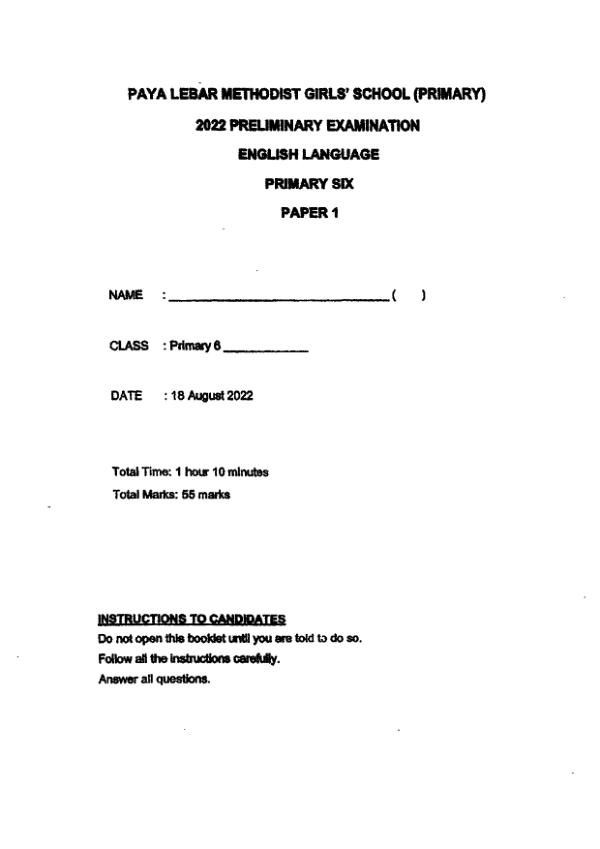 Methodist Girls P6 Eng SA2 2022 exam paper PDF first page preview
