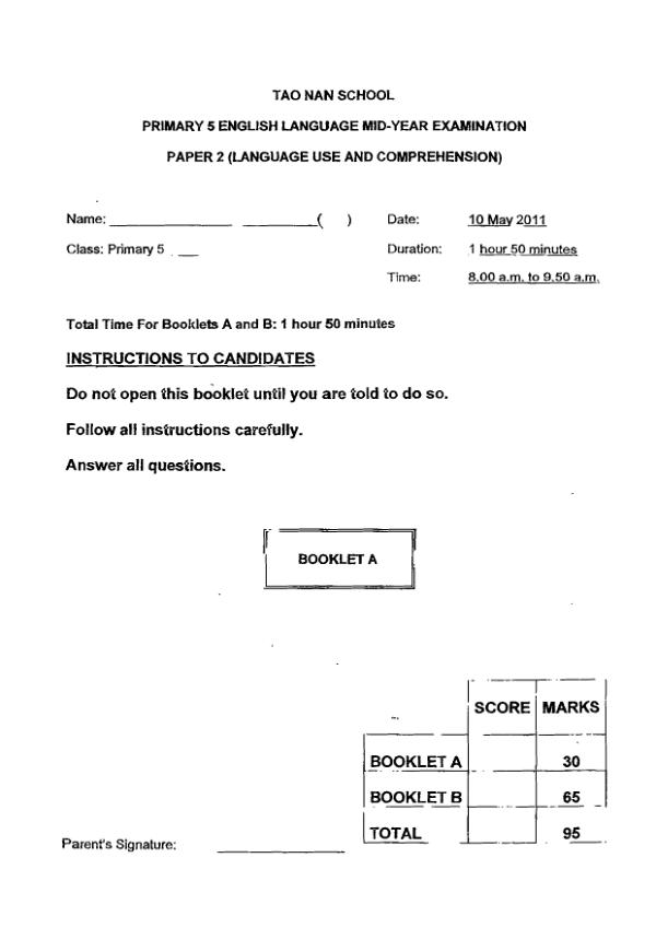 Tao Nan P5 Eng WA2 2011 exam paper PDF first page preview