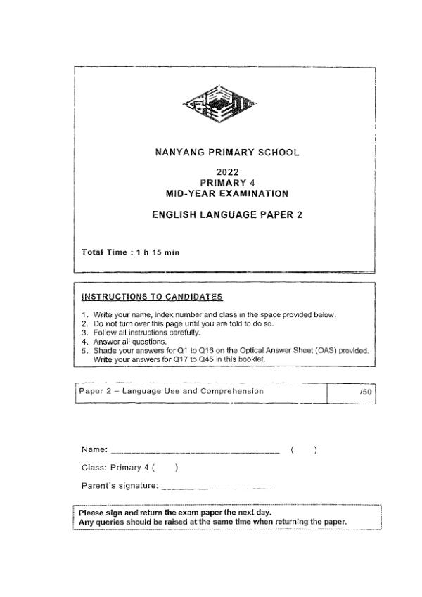 Nanyang P4 Eng WA2 2022 exam paper PDF first page preview