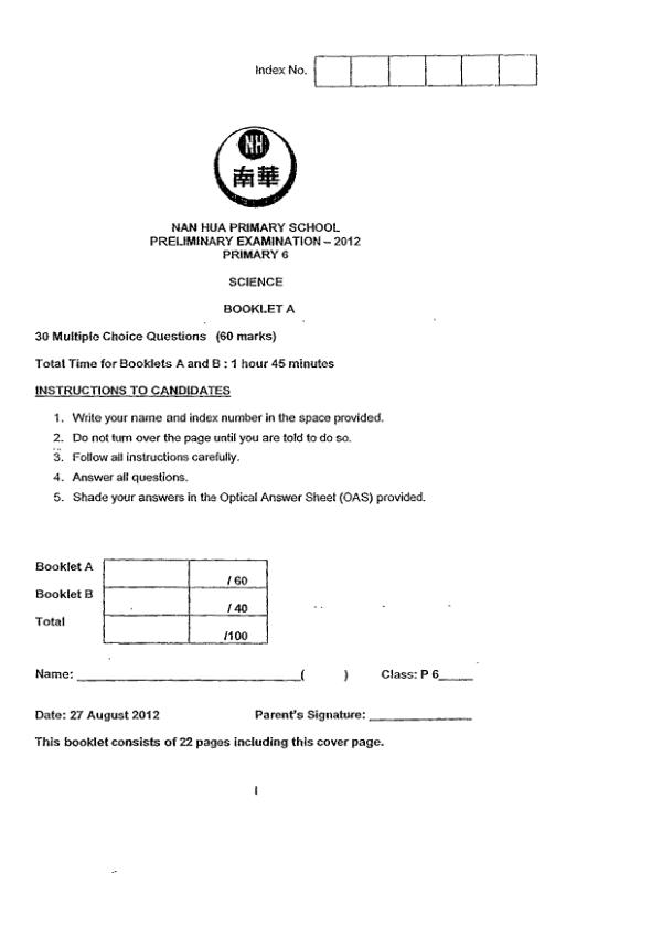 Nan Hua P6 Sci SA2 2012 exam paper PDF preview