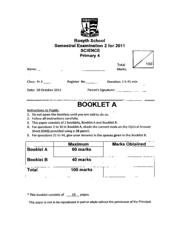 Rosyth P4 Sci SA2 2011 exam paper PDF preview