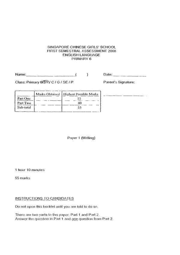 Singapore Chinese Girls P6 Eng WA2 2008 exam paper PDF first page preview