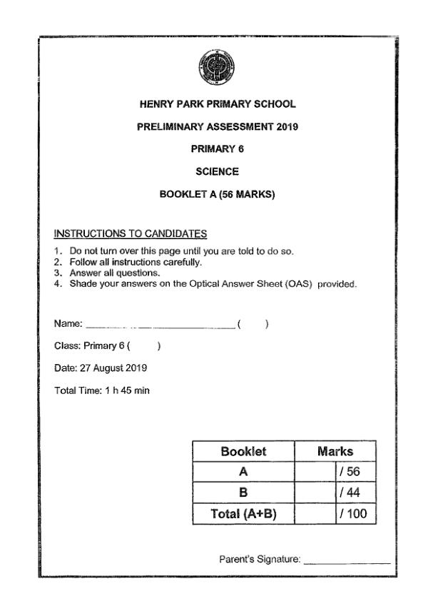Henry Park P6 Sci SA2 2019 exam paper PDF first page preview