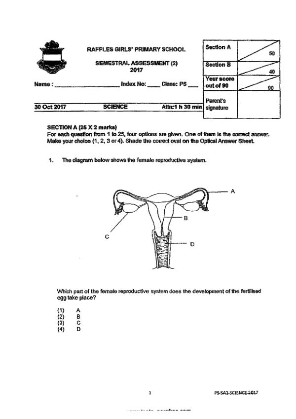 Raffles Girls P5 Sci SA2 2017 exam paper PDF preview