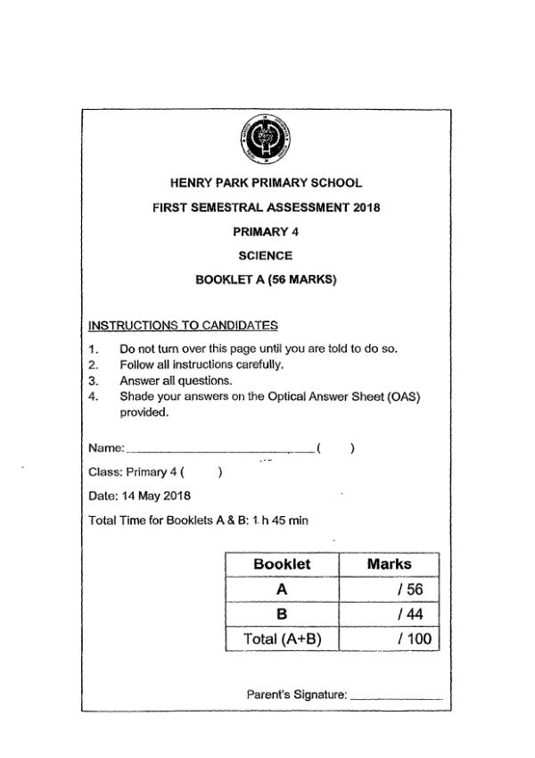 Henry Park P4 Sci WA2 2018 exam paper PDF first page preview