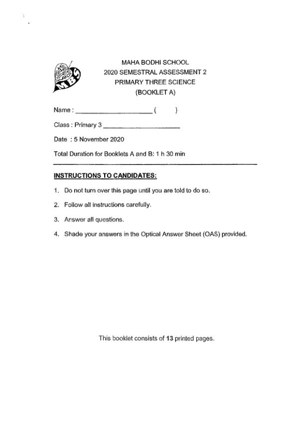 Maha Bodhi P3 Sci SA2 2020 exam paper PDF first page preview