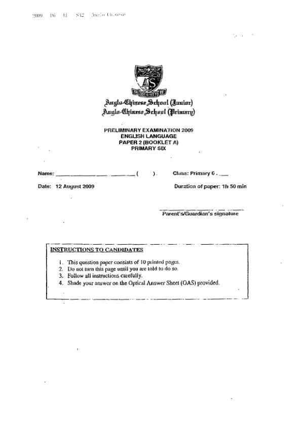 Anglo Chinese P6 Eng SA2 2009 exam paper PDF preview