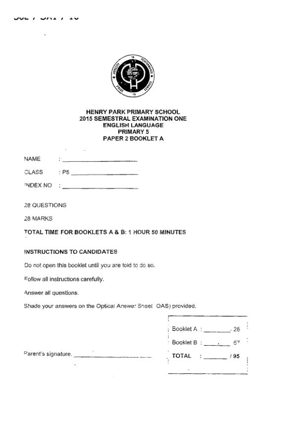 Henry Park P5 Eng WA2 2015 exam paper PDF first page preview