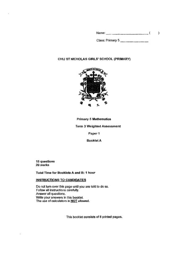 First page preview of P5 Math 2024 WA1 — CHIJ