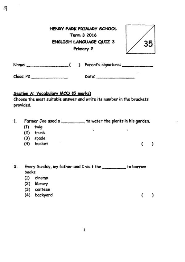 Henry Park P2 Eng WA3 2016 exam paper PDF first page preview
