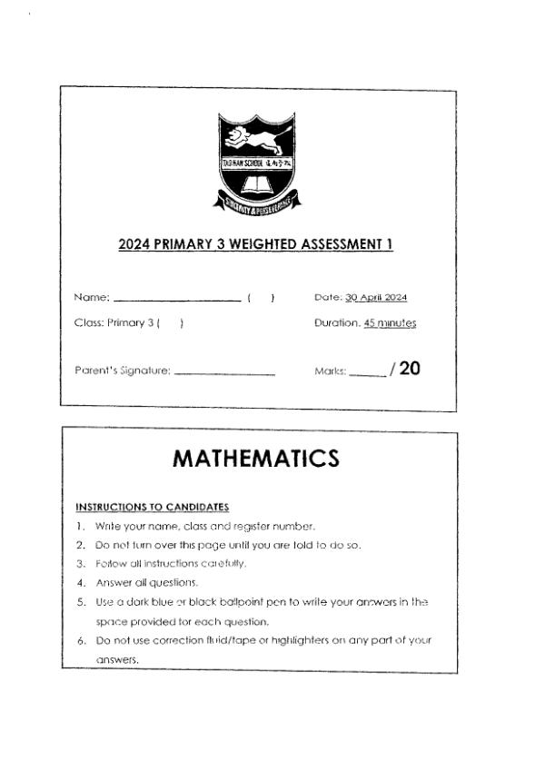 First page preview of P3 Math 2024 WA1 — Tao Nan