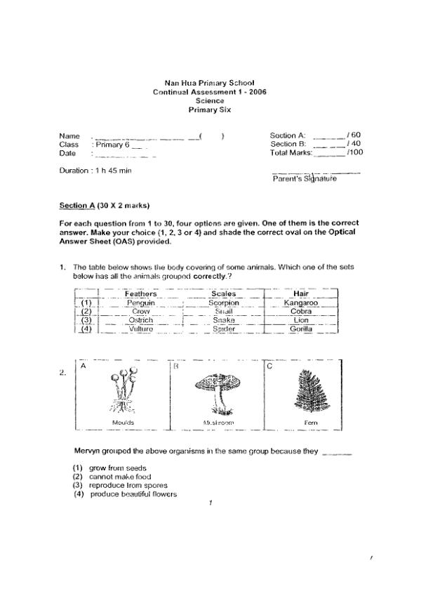 Nan Hua P6 Sci WA1 2006 exam paper PDF preview