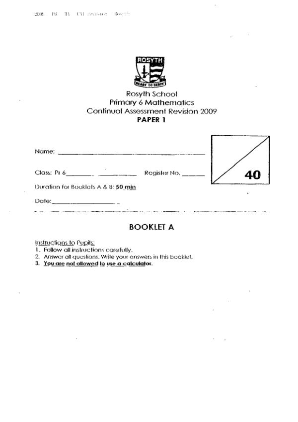 Rulang P6 Math WA1 2009 exam paper PDF preview