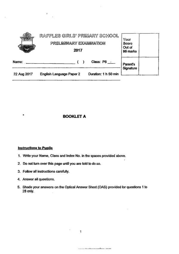 Raffles Girls P6 Eng SA2 2017 exam paper PDF first page preview