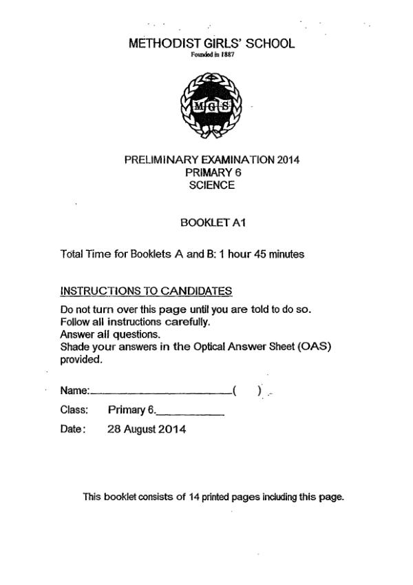 Methodist Girls P6 Sci SA2 2014 exam paper PDF first page preview