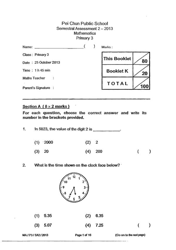 Pei Chun P3 Math SA2 2013 exam paper PDF preview